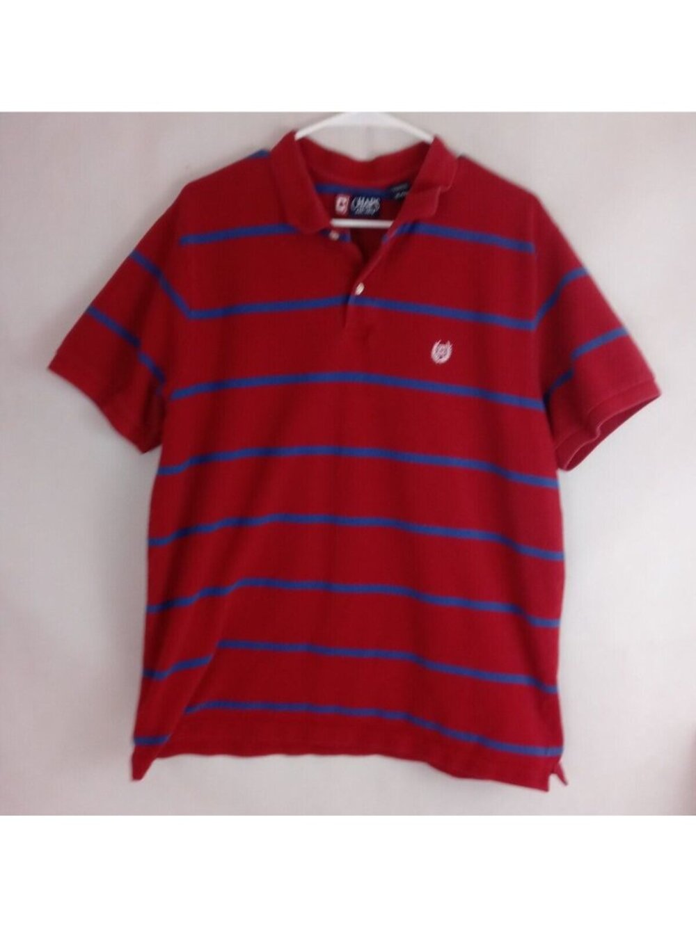 Chaps Men's Short Sleeve Red Polo Shirt With Blue Stripes Size XL 100% Cotton